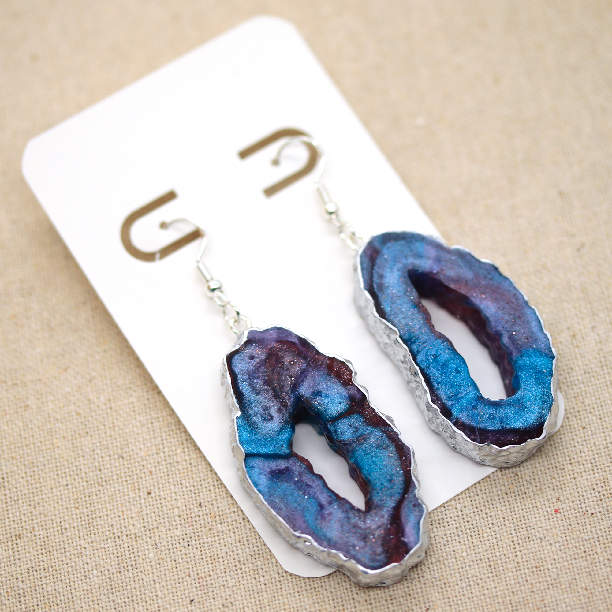 Blue + Purple Marble Galaxy Big Geode Earrings image 2