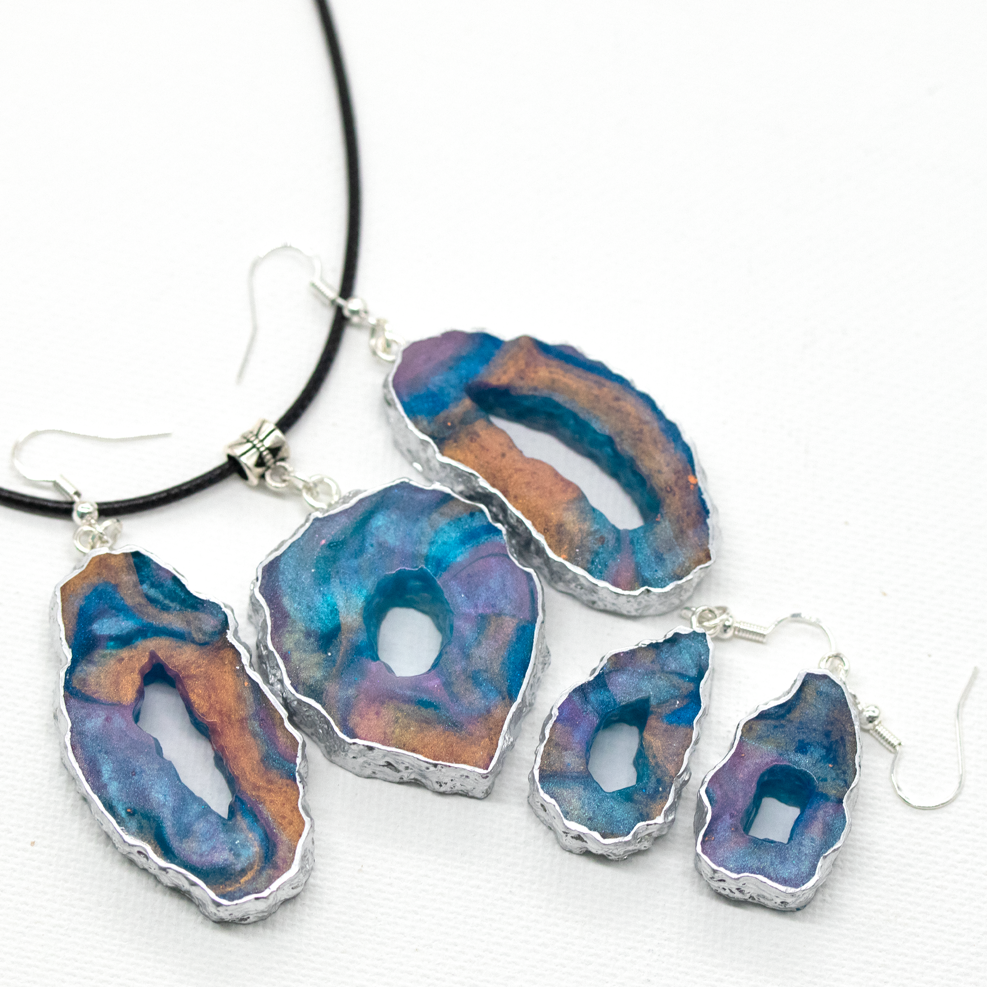 Blue + Rose Gold Shimmering Geode Pendant image 4