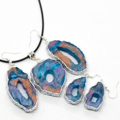 Blue + Rose Gold Shimmering Geode Pendant image 4