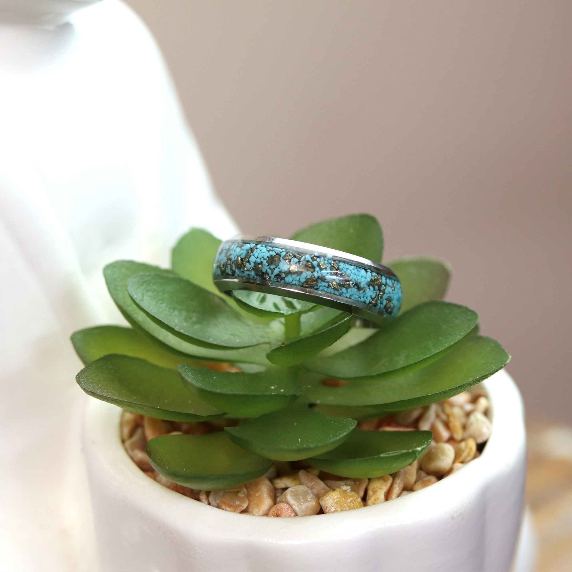 Turquoise and Pyrite Inlay Silver Finish Ring image 1