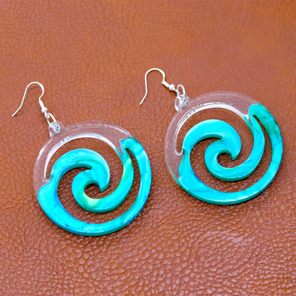 Teal Marble + Clear Big Boho Spiral Earrings image 3