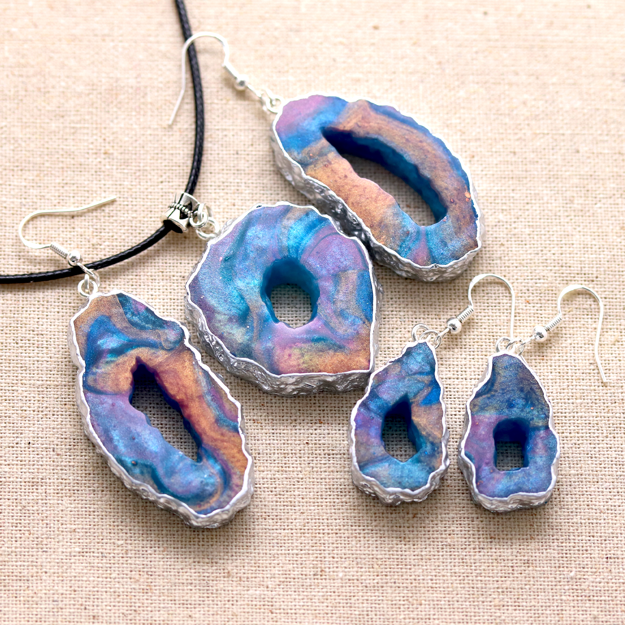 Blue + Rose Gold Shimmering Geode Earrings image 1