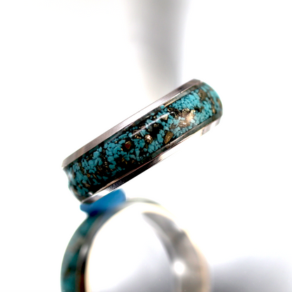 Turquoise and Pyrite Inlay Silver Finish Ring image 5