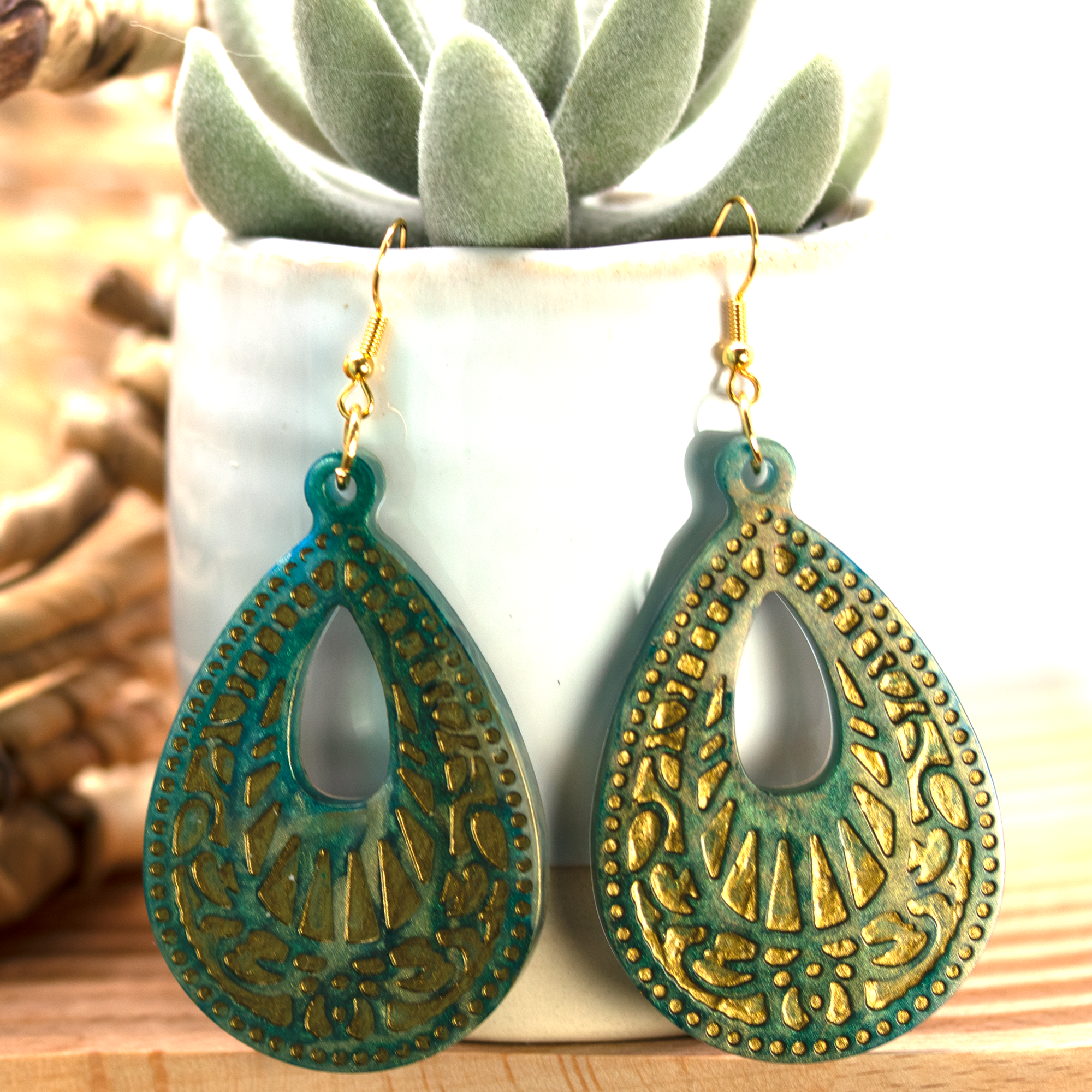 Green Marble + Gold Big Boho Earrings image 0