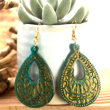 Green Marble + Gold Big Boho Earrings image 0