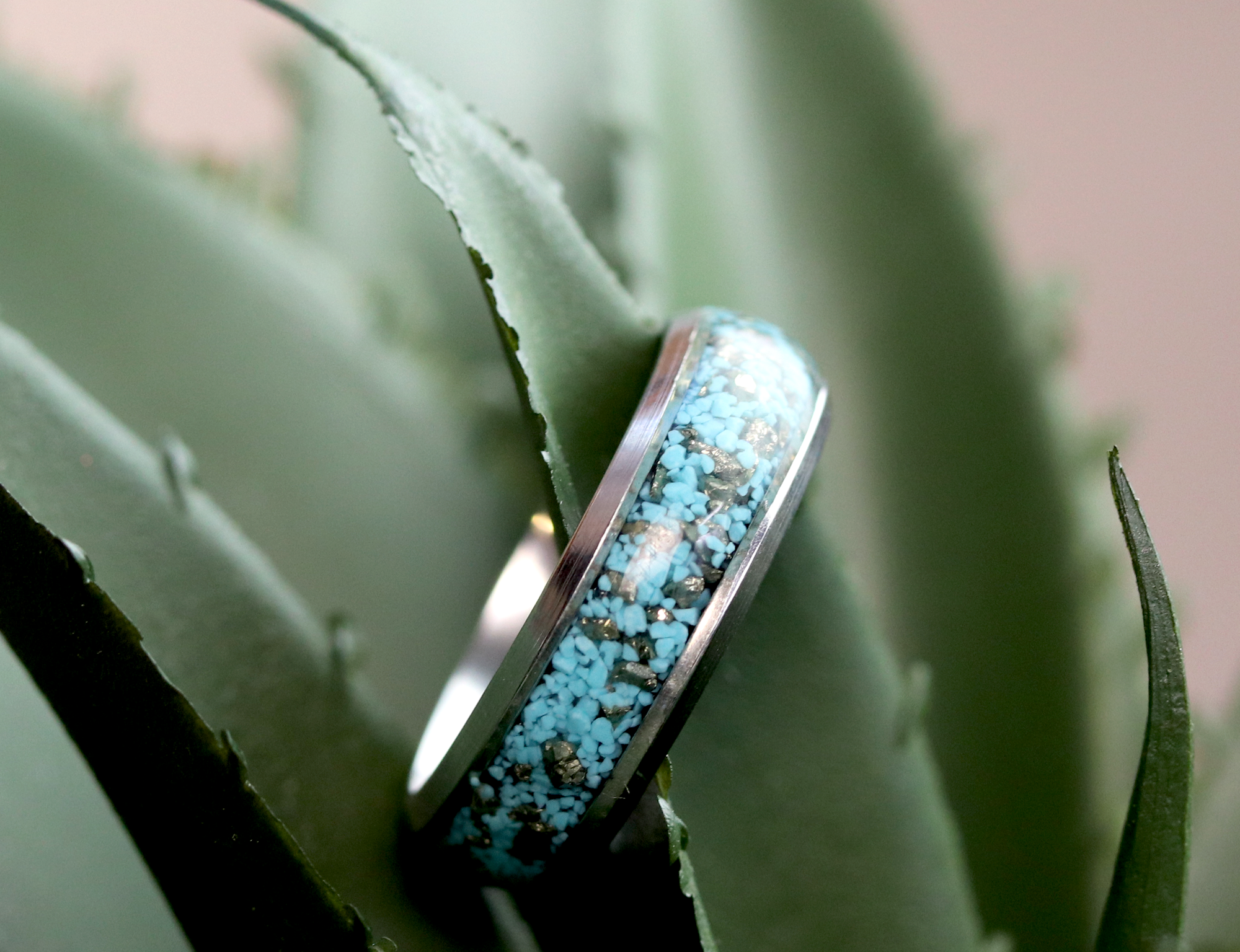 Turquoise and Pyrite Inlay Silver Finish Ring image 0