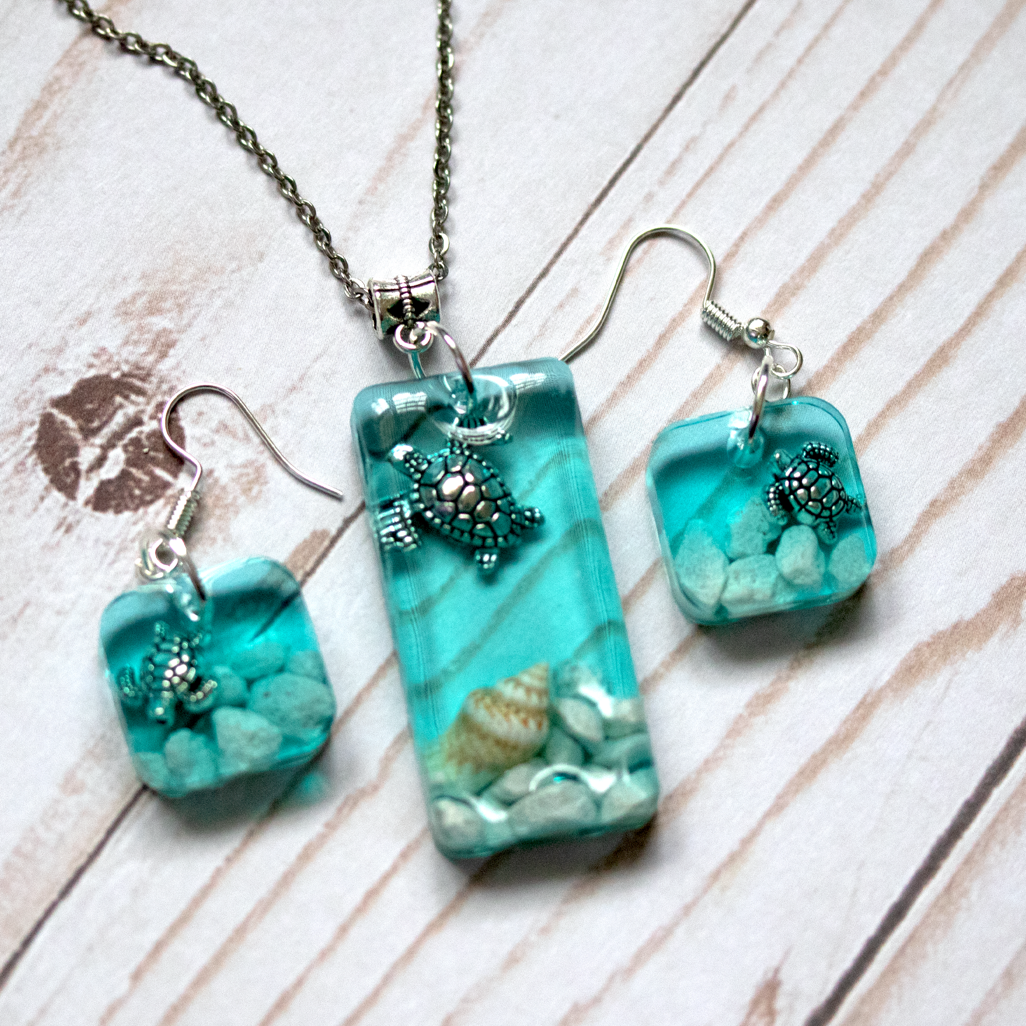 Underwater Turtle Seascape Earrings + Pendant Set image 1