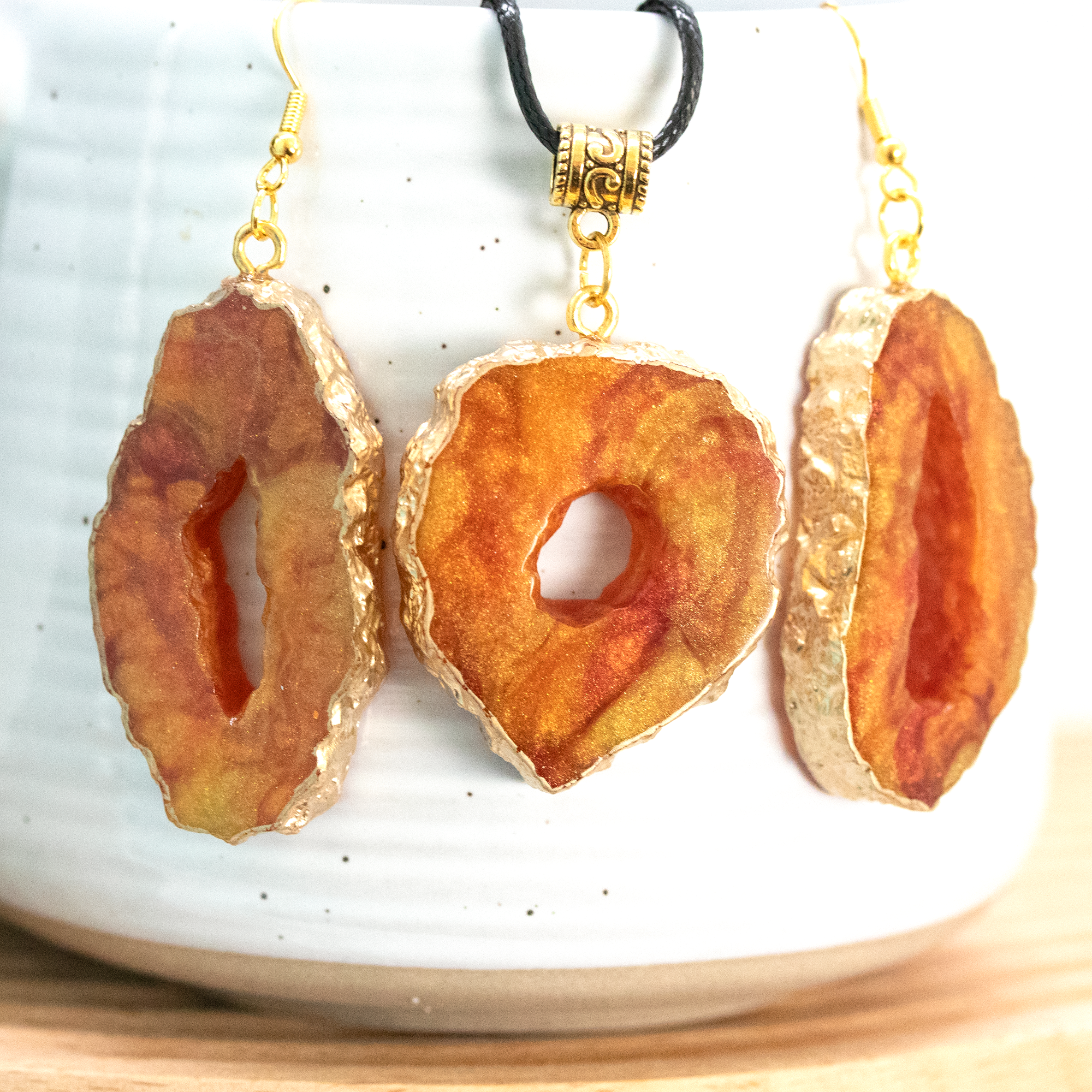 Amber Topaz Geode Pendant + Earrings Pendant Set image 1