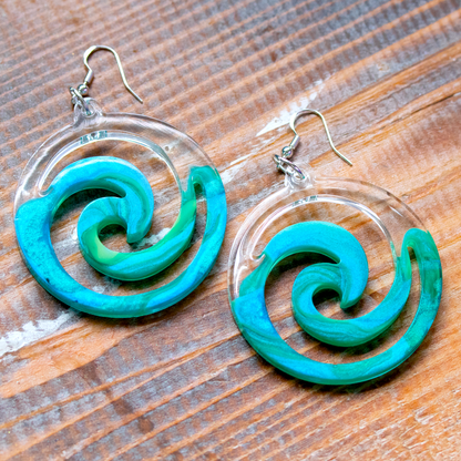 Teal Marble + Clear Big Boho Spiral Earrings image 0