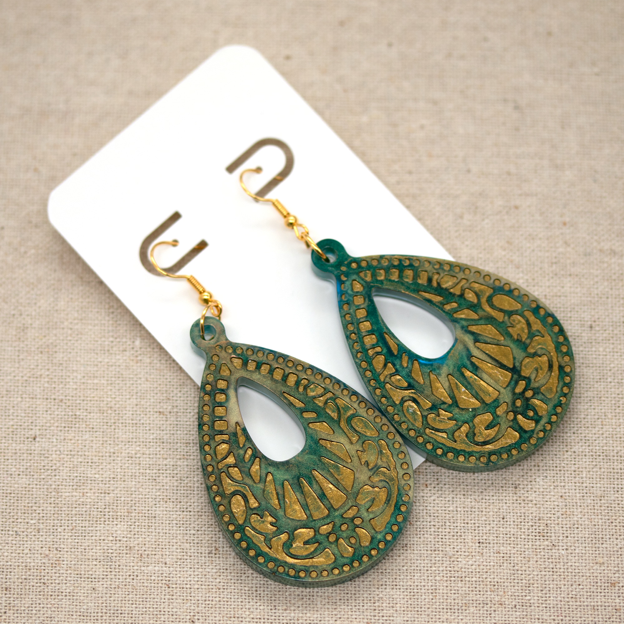 Green Marble + Gold Big Boho Earrings image 5