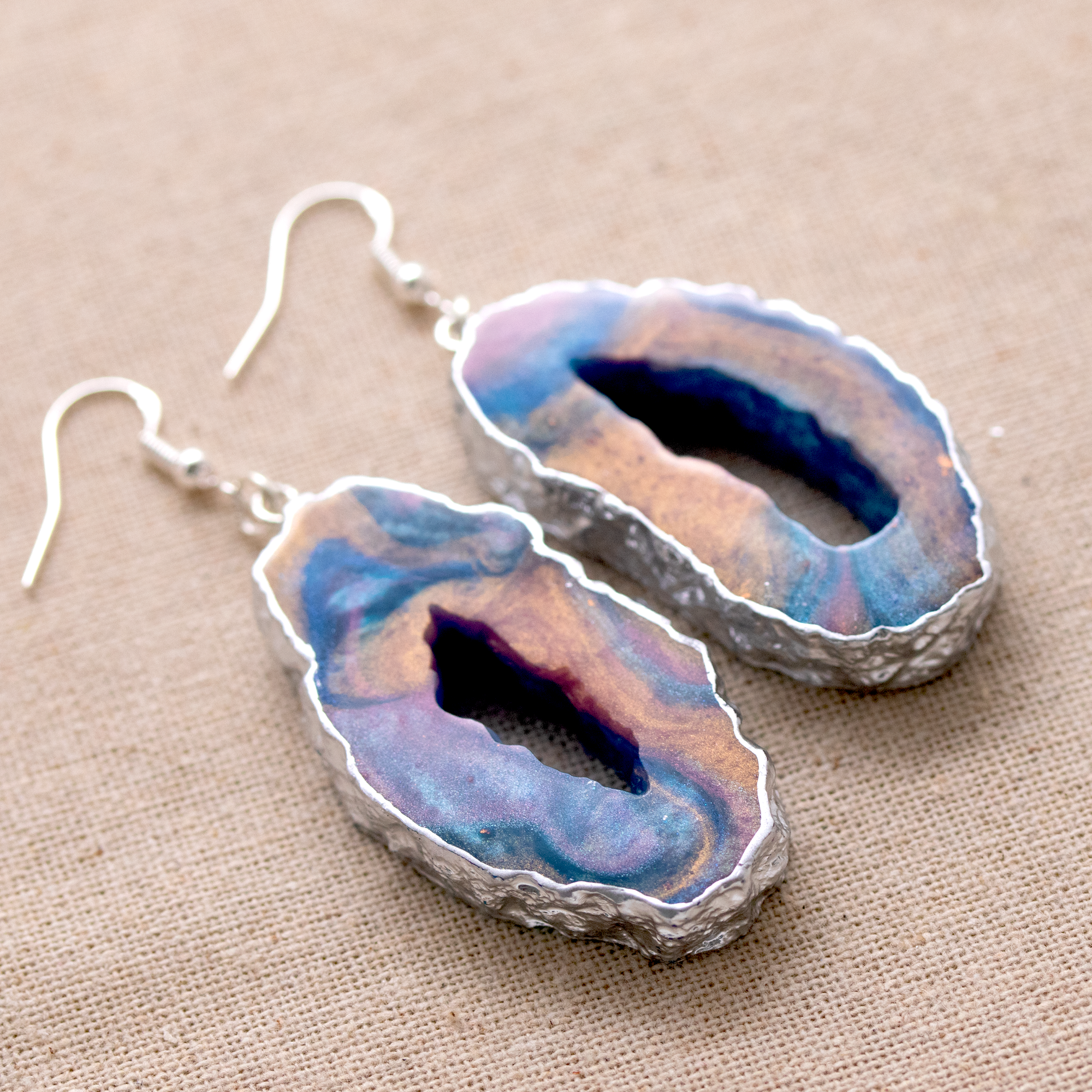 Blue + Rose Gold Shimmering Geode Earrings + Pendant Set image 2