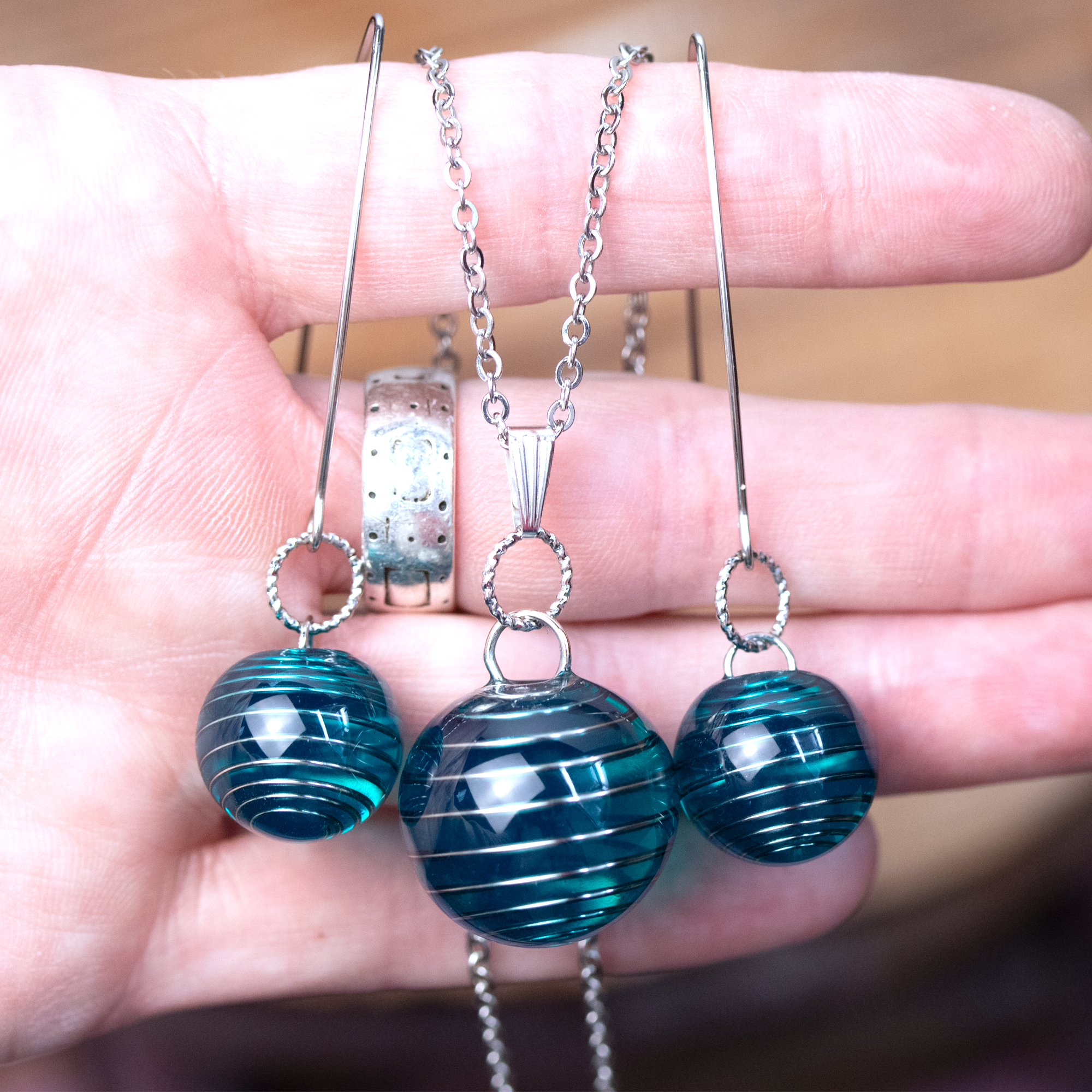 Aqua Blue Spiral Earrings and Pendant Set