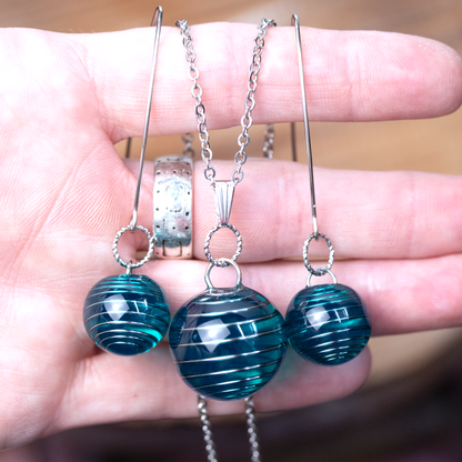 Aqua Blue Spiral Earrings and Pendant Set