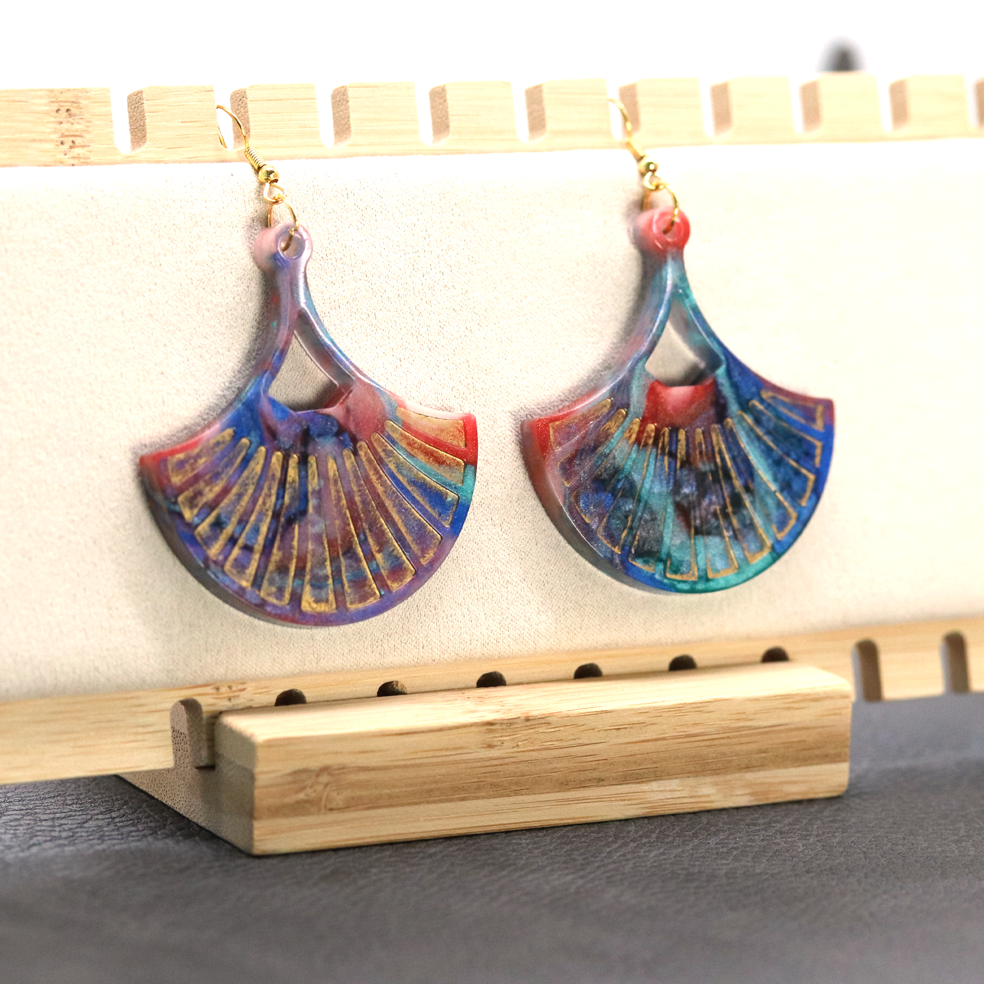 Colorful Rainbow and Gold Marble Fan-Shaped Boho Earrings