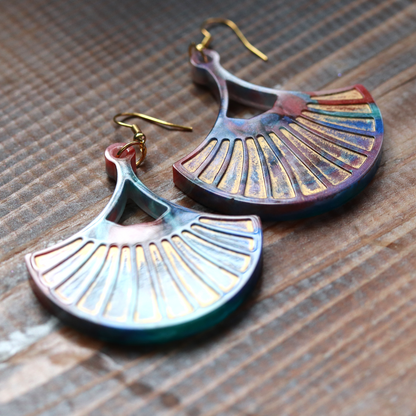 Colorful Rainbow and Gold Marble Fan-Shaped Boho Earrings