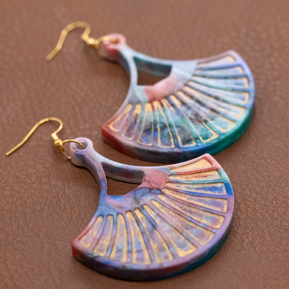 Colorful Rainbow and Gold Marble Fan-Shaped Boho Earrings