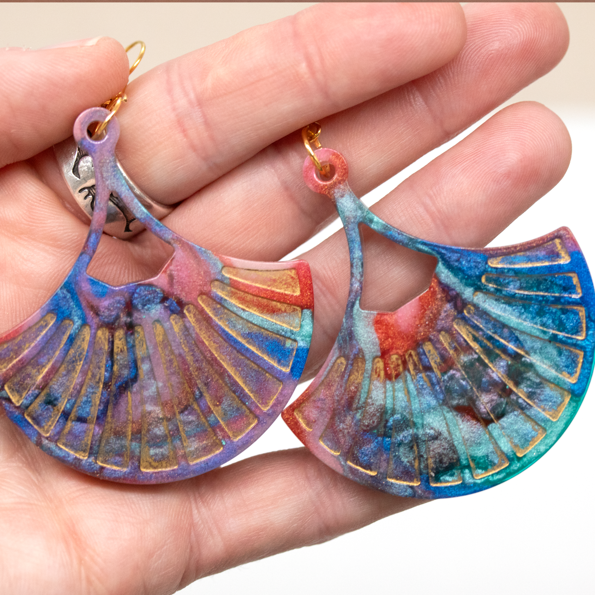 Colorful Rainbow and Gold Marble Fan-Shaped Boho Earrings