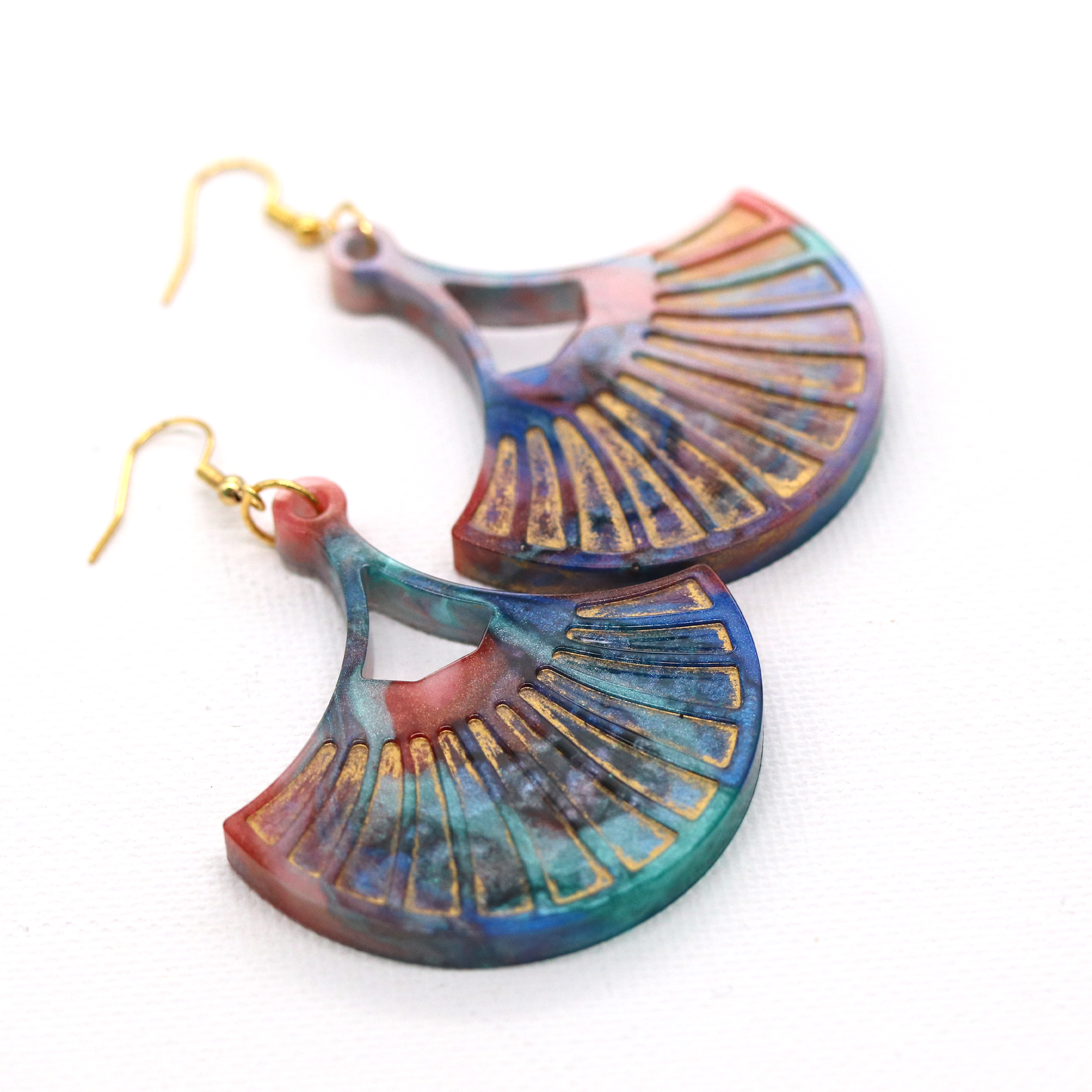 Colorful Rainbow and Gold Marble Fan-Shaped Boho Earrings