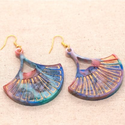 Colorful Rainbow and Gold Marble Fan-Shaped Boho Earrings