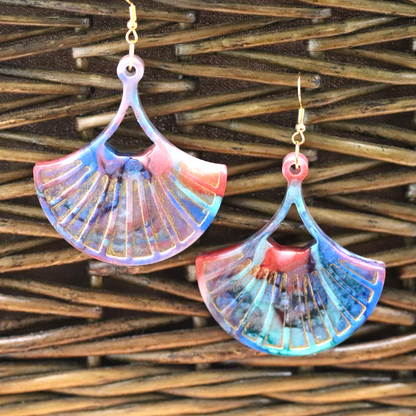 Colorful Rainbow and Gold Marble Fan-Shaped Boho Earrings