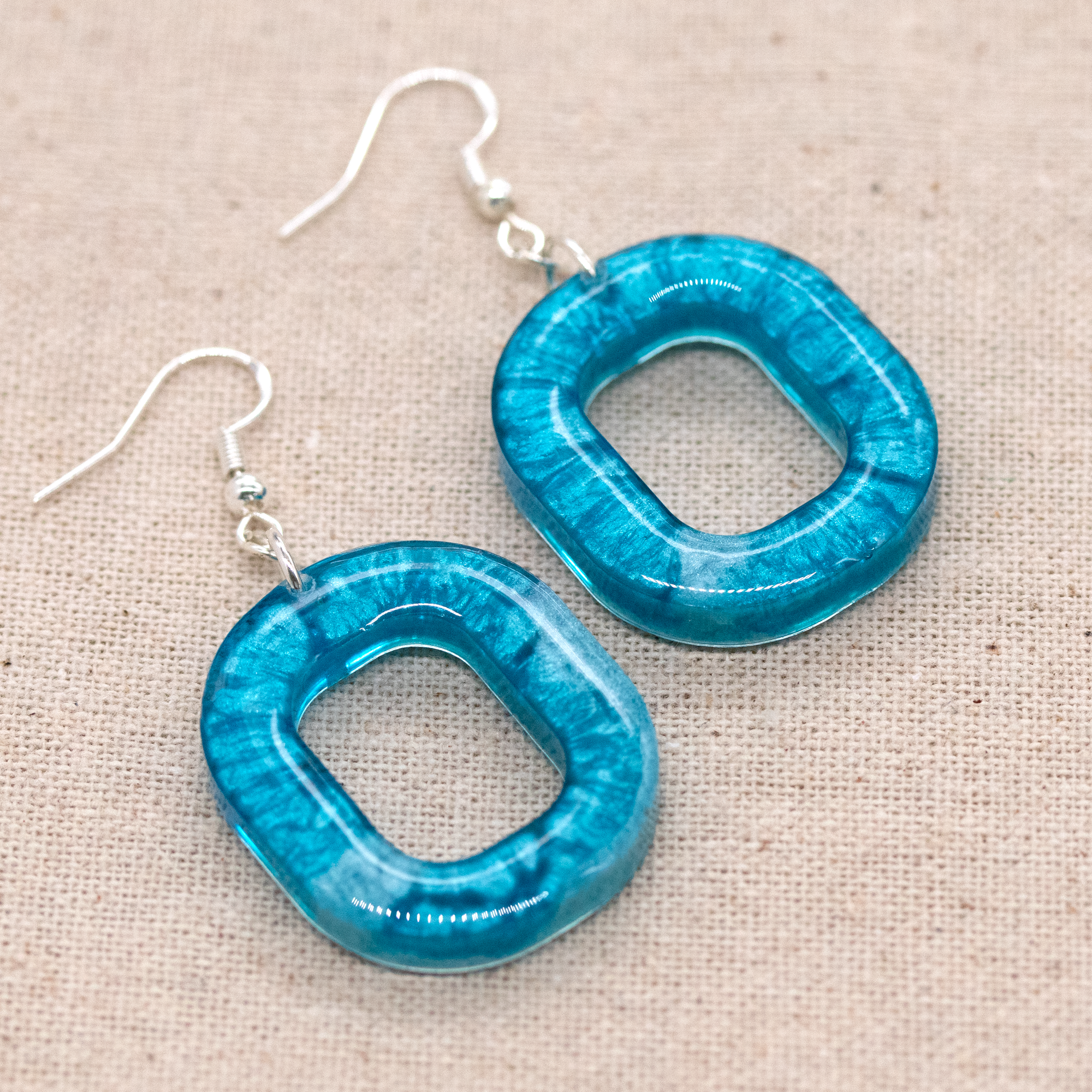 Aqua Blue Open Rounded-Square Earrings