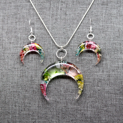 Botanical Flower Bull Horn/Horizontal Moon Earrings and Pendant Set