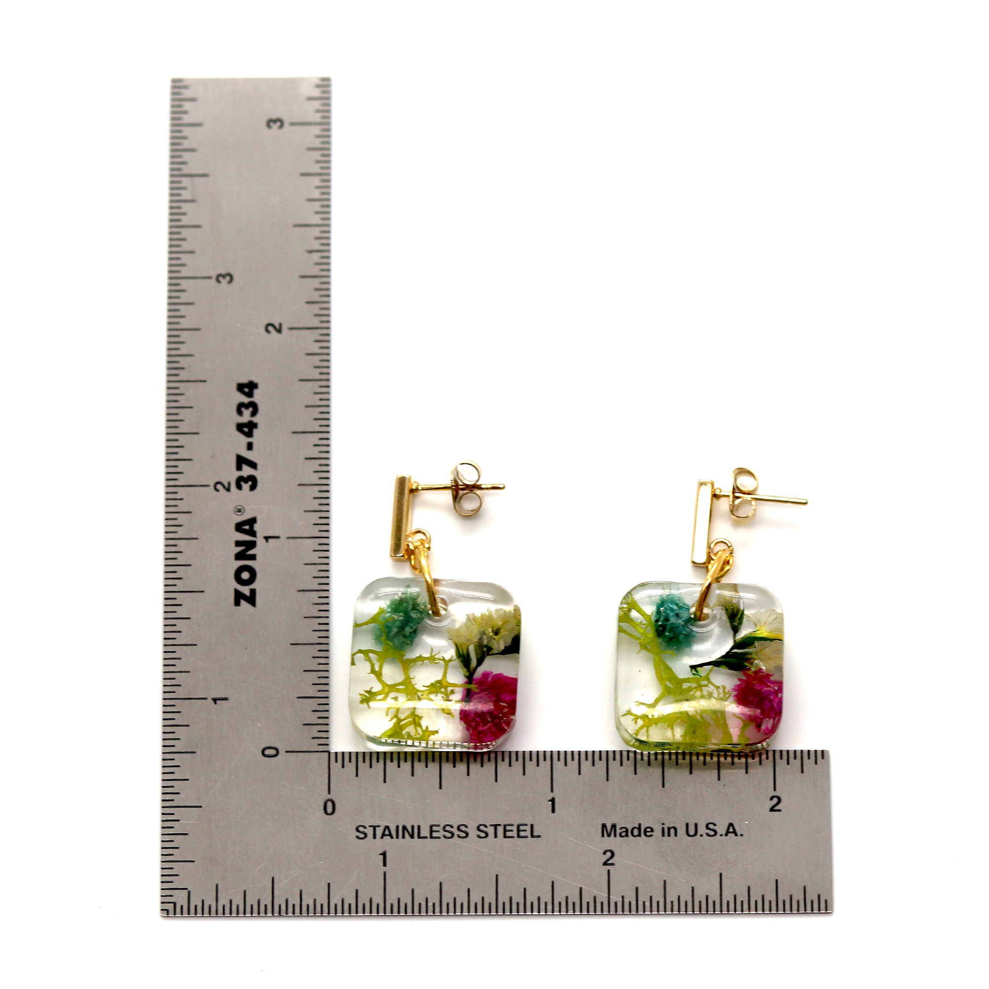 Gold Post Hanging Botanical Flower Square Earrings