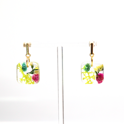 Gold Post Hanging Botanical Flower Square Earrings