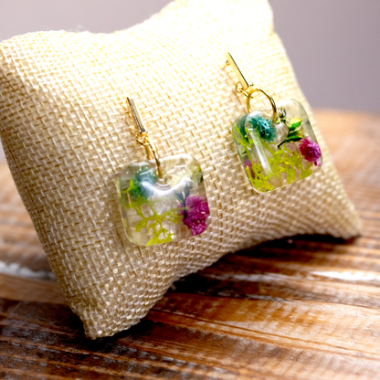 Gold Post Hanging Botanical Flower Square Earrings