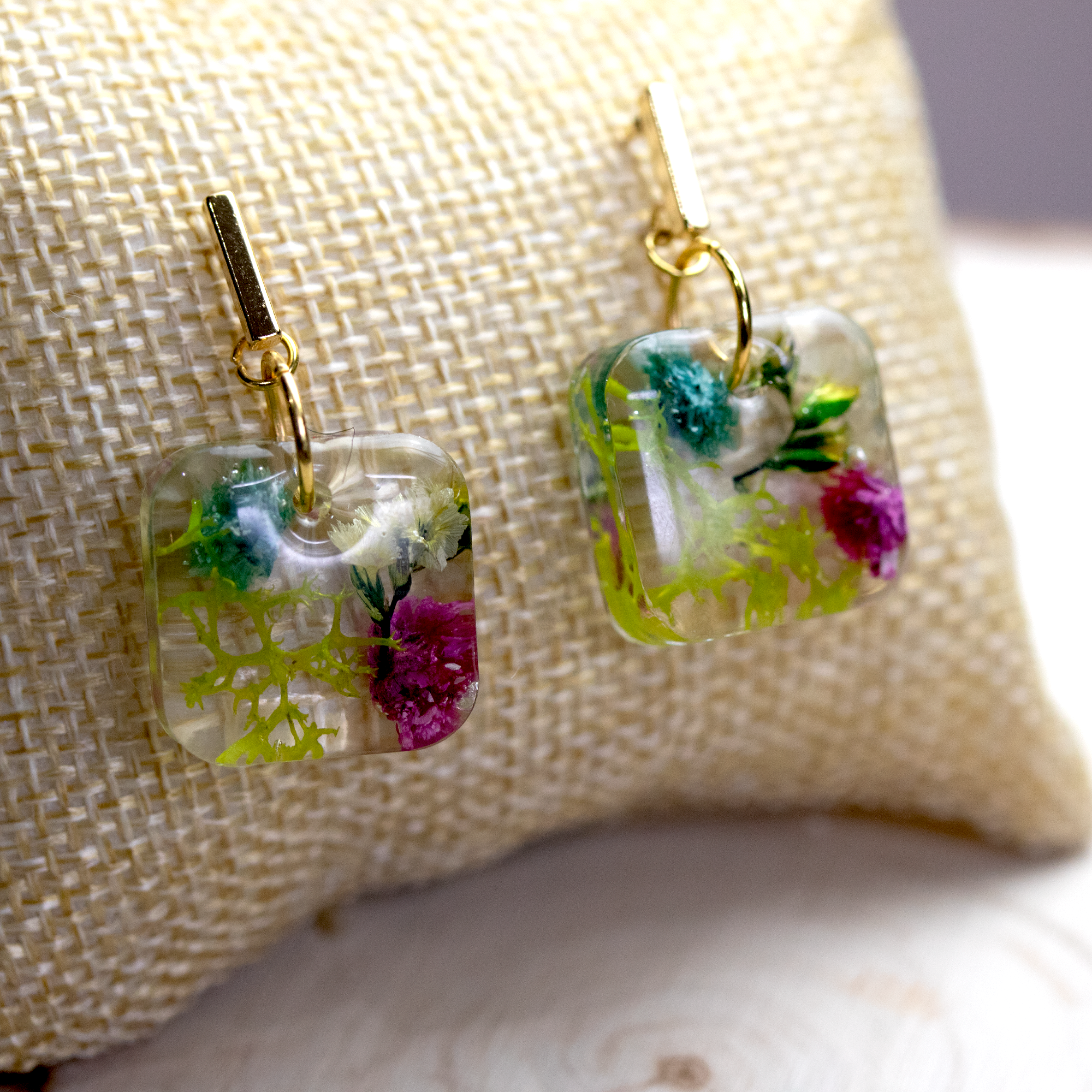 Gold Post Hanging Botanical Flower Square Earrings