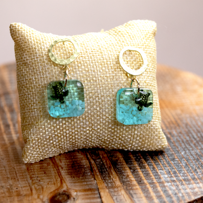 Underwater Seascape Bronze Turtle Square Gold Post Earrings