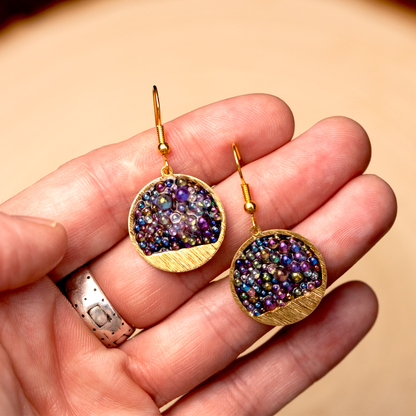 Iridescent Caviar Glass Bubble Brass Earrings