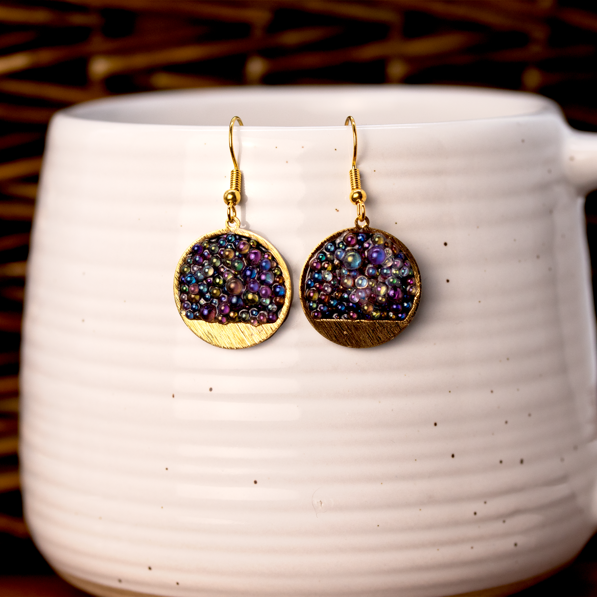 Iridescent Caviar Glass Bubble Brass Earrings