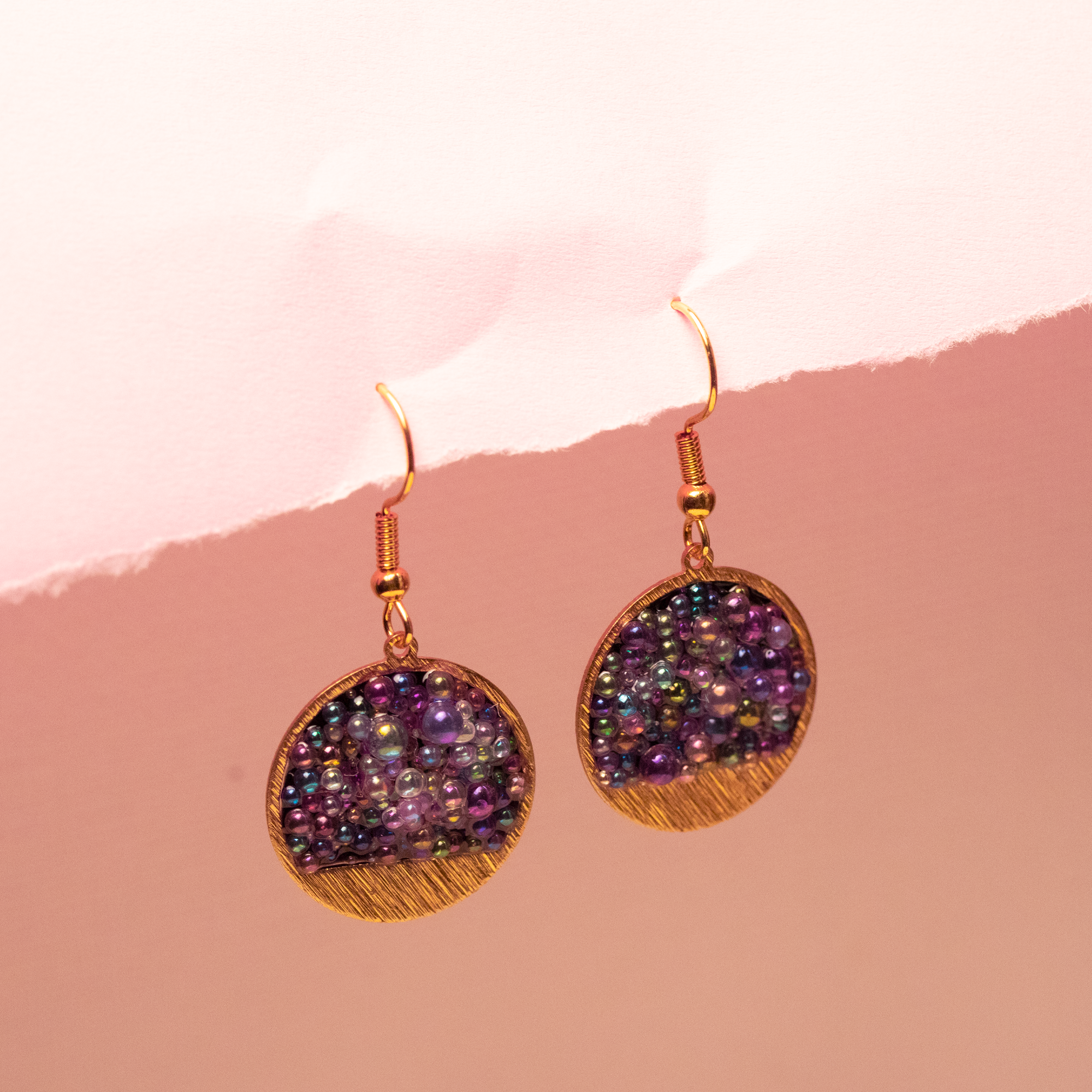 Iridescent Caviar Glass Bubble Brass Earrings