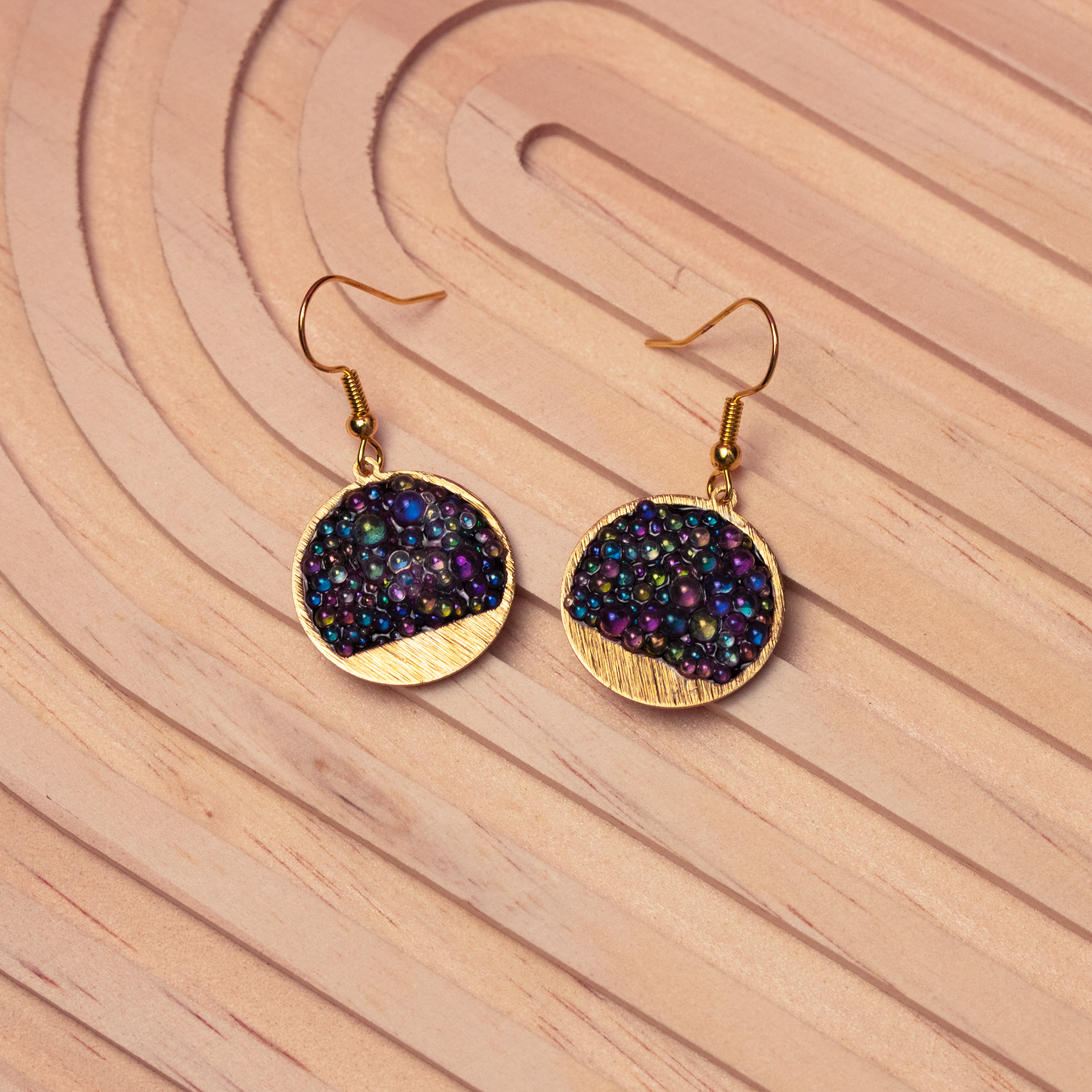 Iridescent Caviar Glass Bubble Brass Earrings