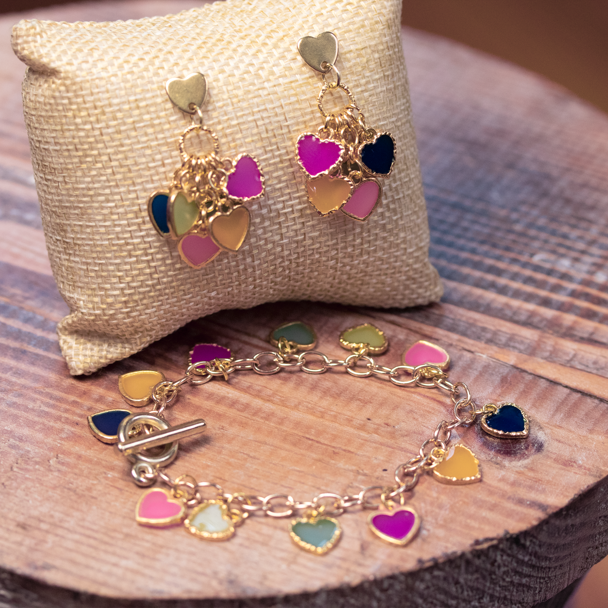 Rainbow Dangling Hearts Bracelet and Earrings Set