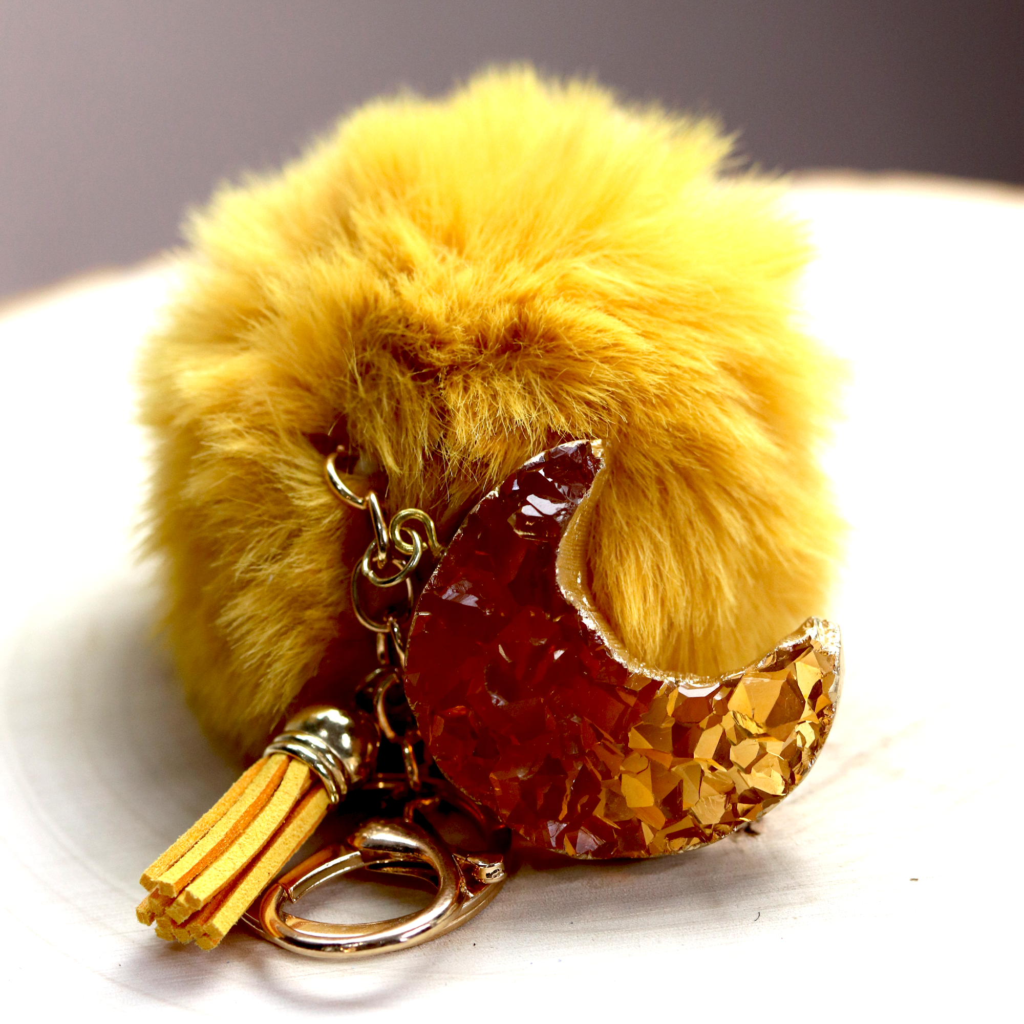 Amber Gold Topaz Druzy Crystal Crescent Moon Keychain