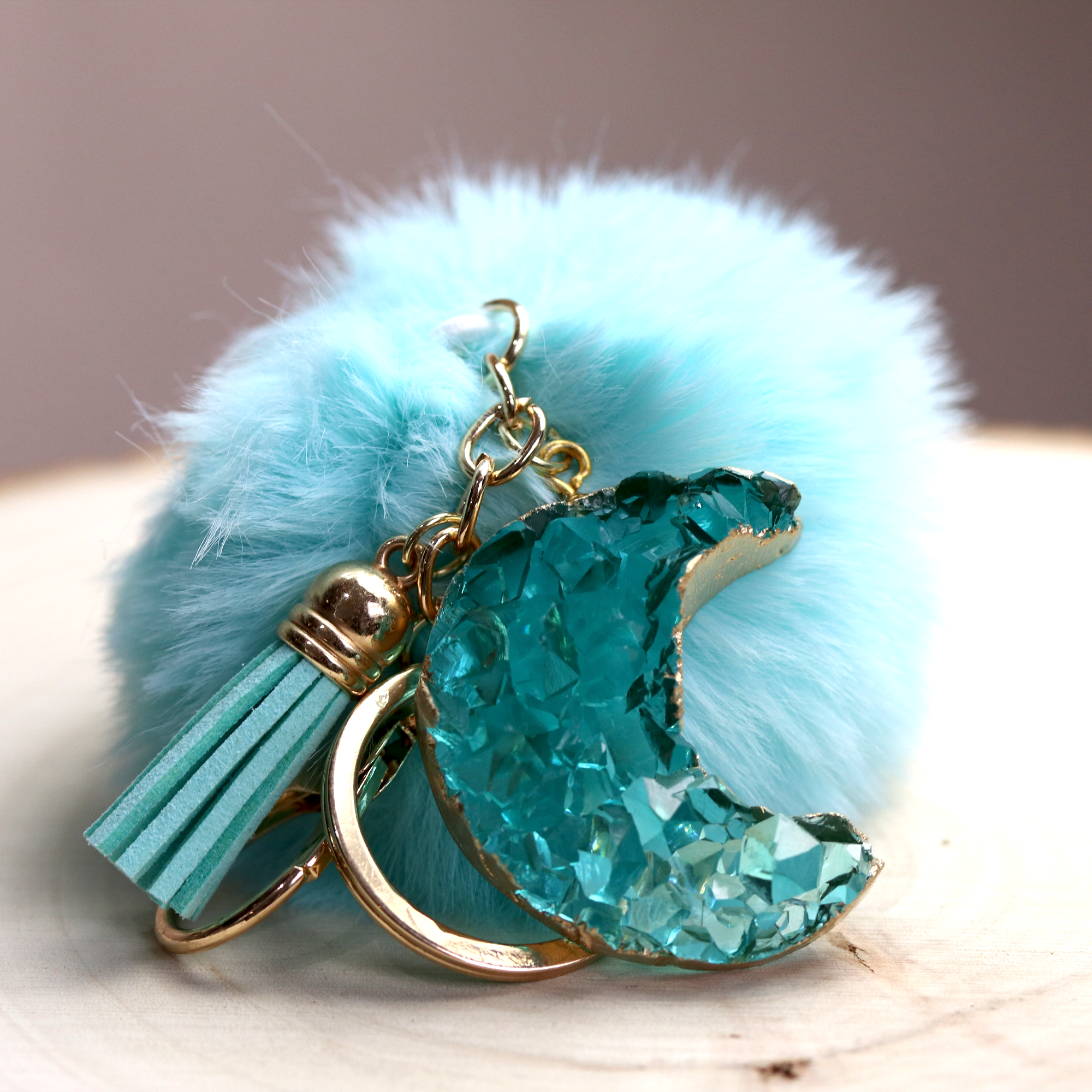 Seafoam Green Blue Druzy Crystal Crescent Moon Keychain