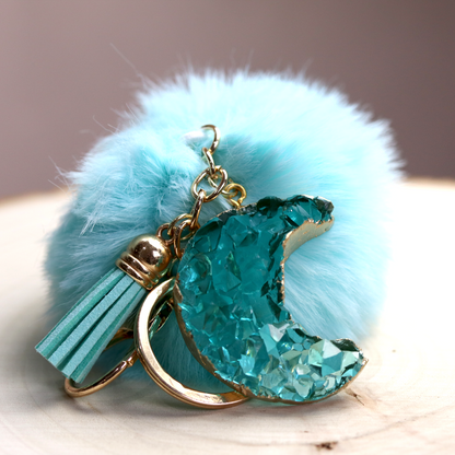 Seafoam Green Blue Druzy Crystal Crescent Moon Keychain