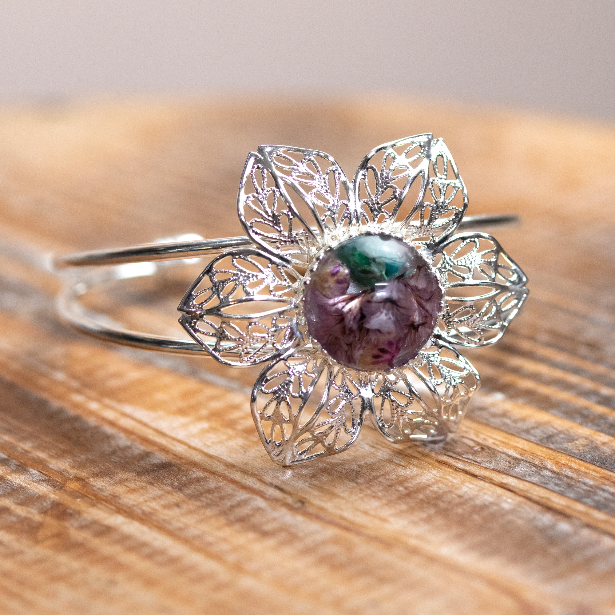 Flower Bezel Botanical Bangle Cuff Bracelet