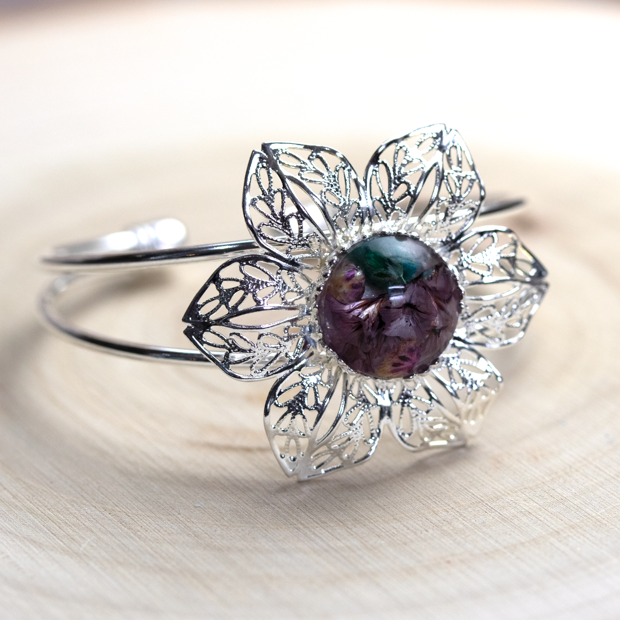 Flower Bezel Botanical Bangle Cuff Bracelet