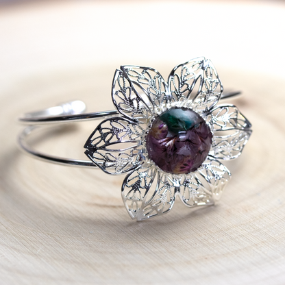 Flower Bezel Botanical Bangle Cuff Bracelet