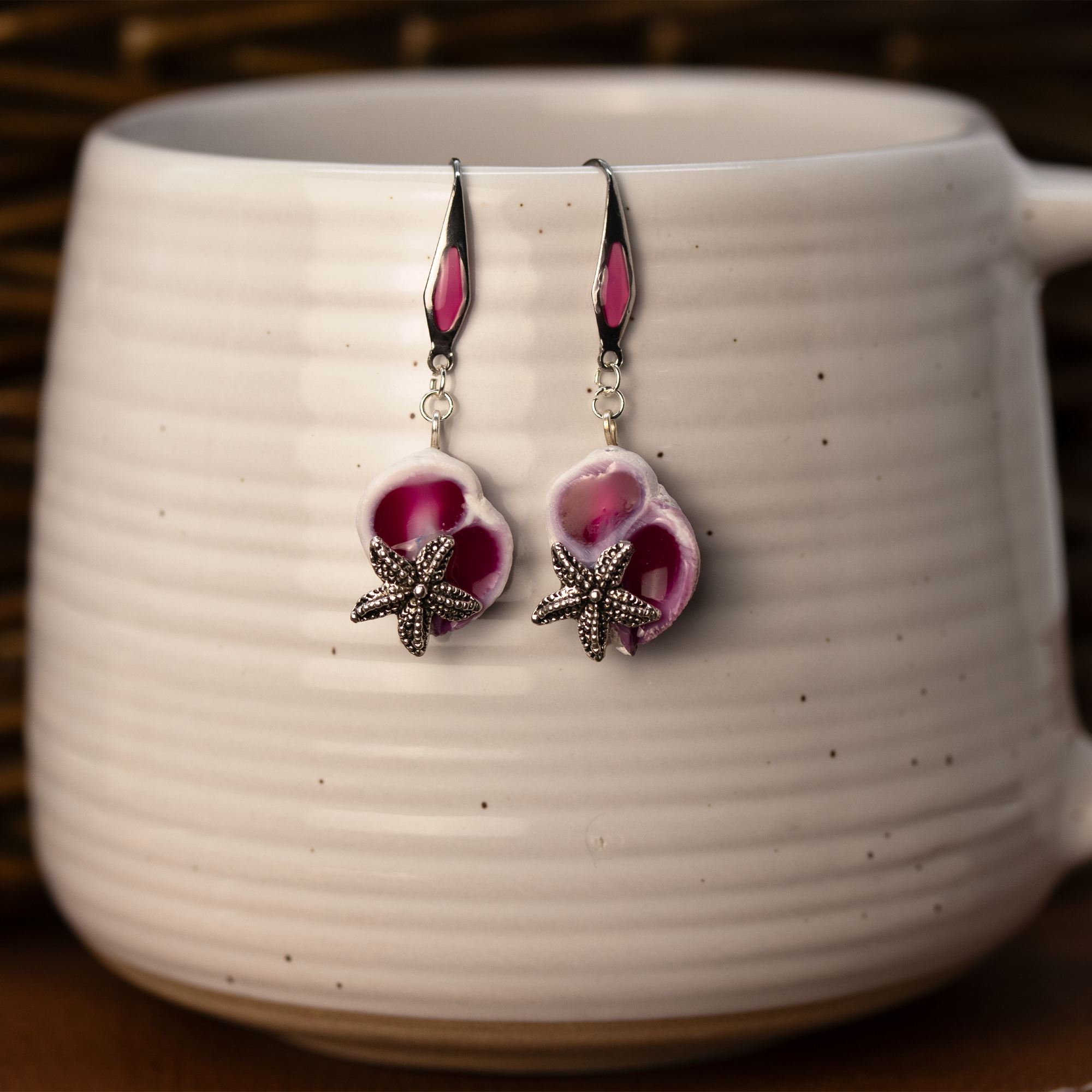 Magenta Pink Filled Shells with Starfish Earrings