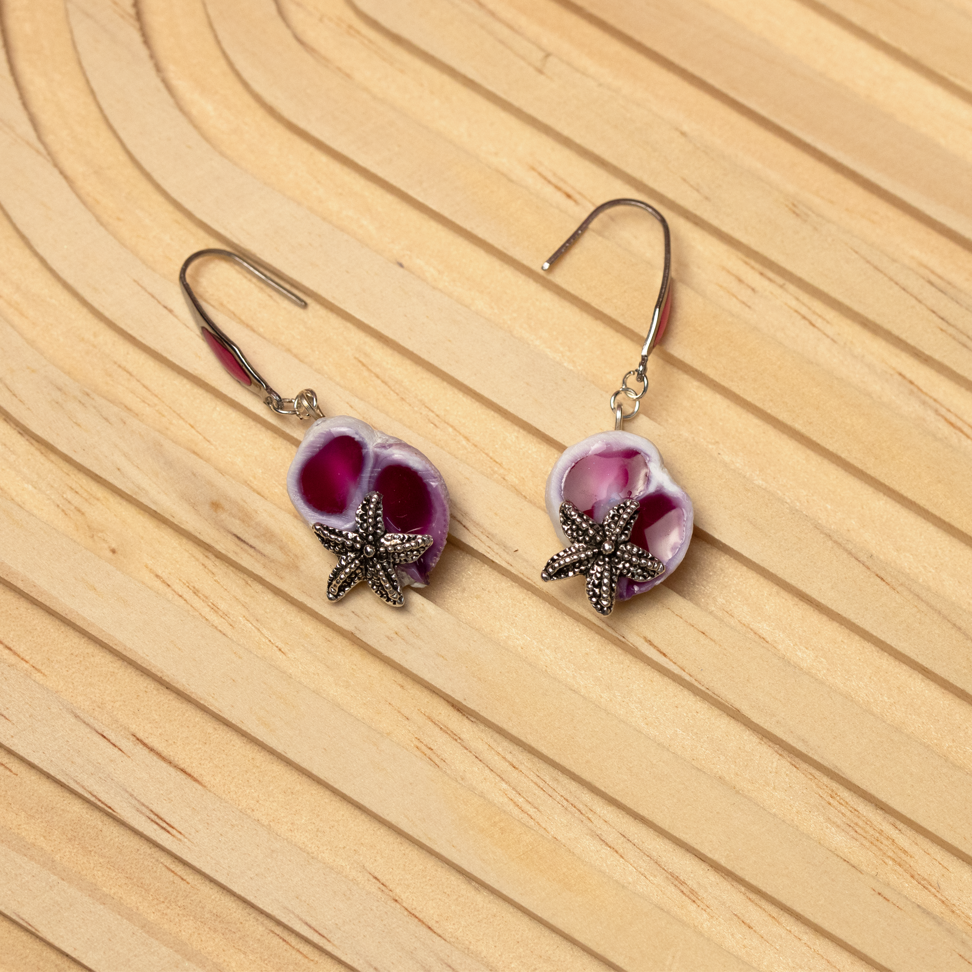 Magenta Pink Filled Shells with Starfish Earrings