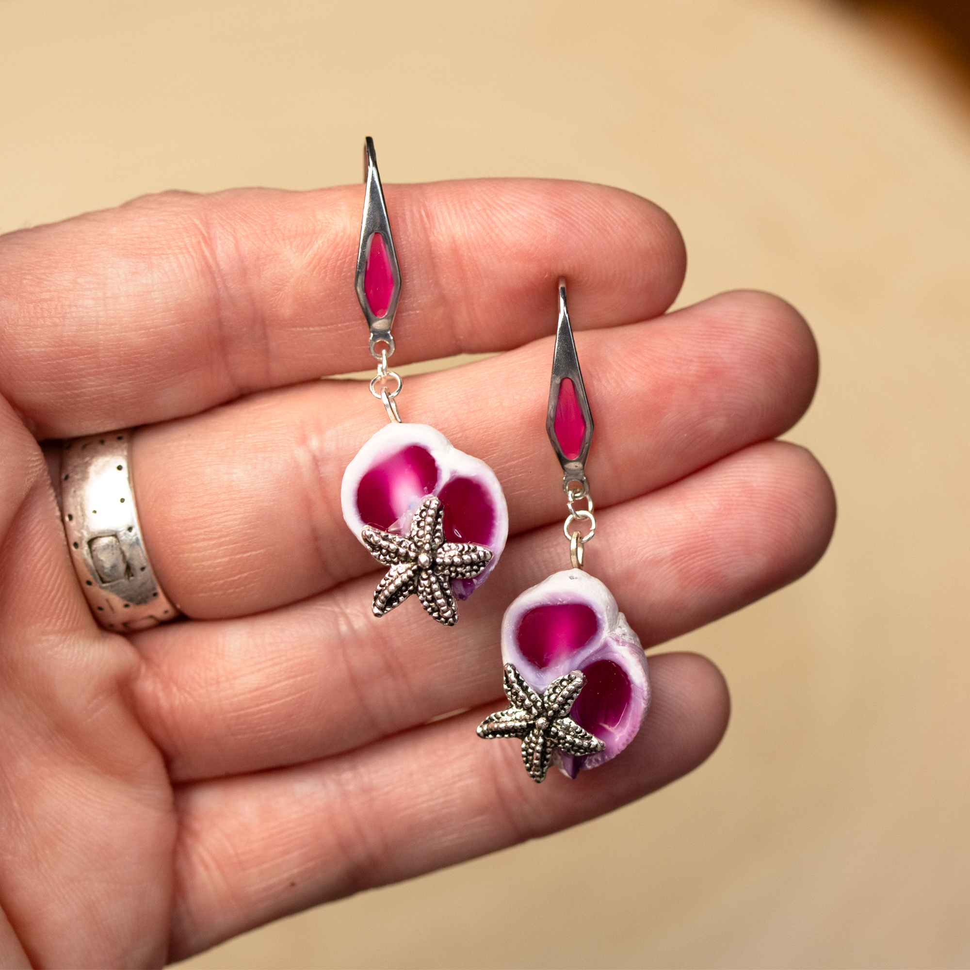 Magenta Pink Filled Shells with Starfish Earrings