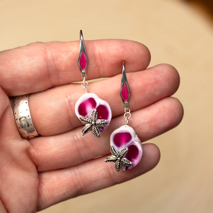 Magenta Pink Filled Shells with Starfish Earrings