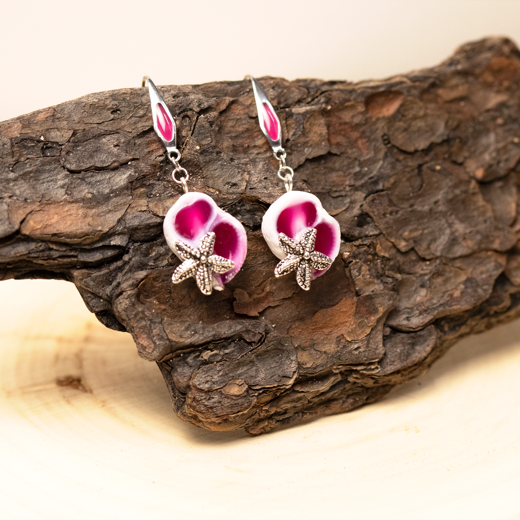 Magenta Pink Filled Shells with Starfish Earrings