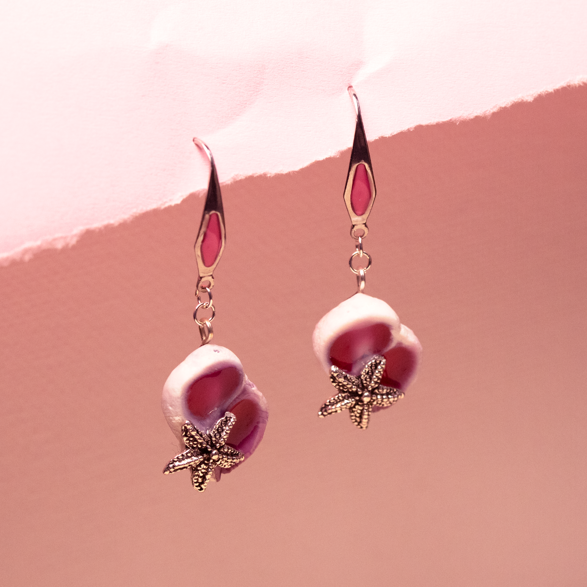 Magenta Pink Filled Shells with Starfish Earrings