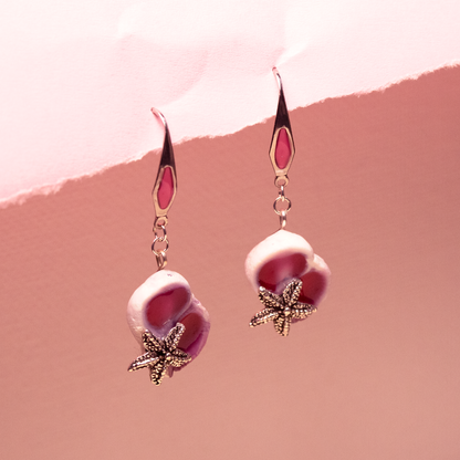 Magenta Pink Filled Shells with Starfish Earrings