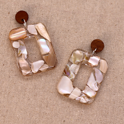 Boho Mother of Pearl Natural Wood Stud Earrings